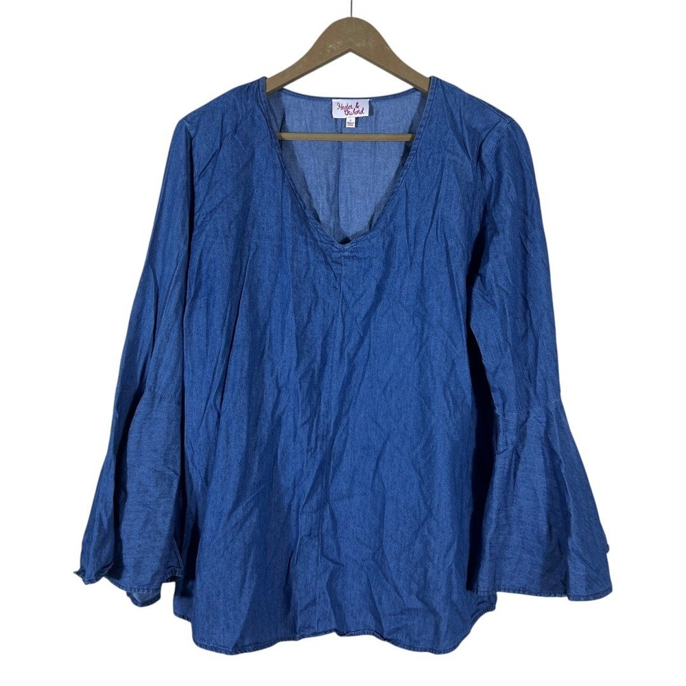 Hester & Orchard Bell Sleeve Solid Chambray Blouse Blue Boho V-Neck Size L